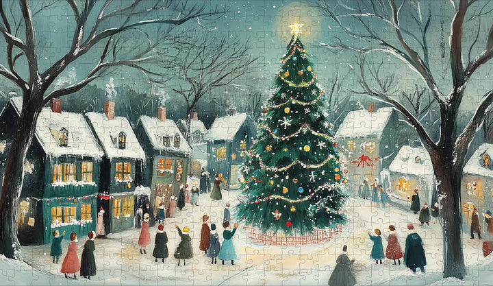 Christmas scene with a large decorated tree in a snowy village.
