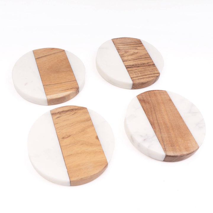 Marble &amp; Wood Round Coaster Set