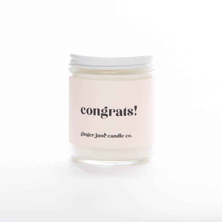 Congrats! Soy Candle. Scent: Lavender Amber  Hand poured, made using only vegan + cruelty free, sustainable ingredients.  Clean burning wax made from American grown soybeans. Non-toxic, paraben &amp; phthalate free fragrances.  **Scent Guide located in photos**  Standard jar is a 9 oz jar, with approximately 7 oz of wax - burn time approximately 50+ hours.