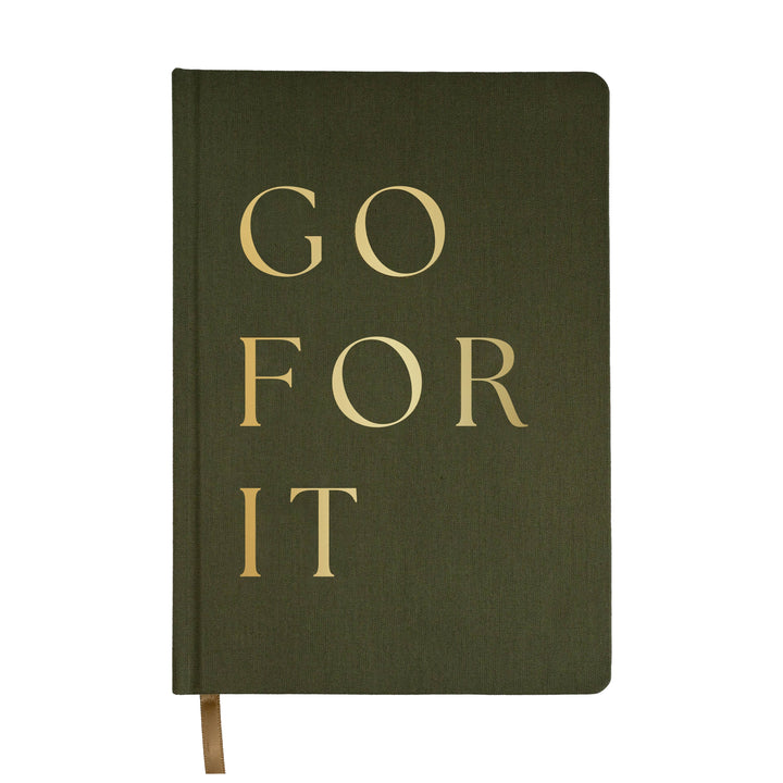 Our Go For It olive green and gold fabric journal is a chic, stylish, and easy to write on notebook. There&