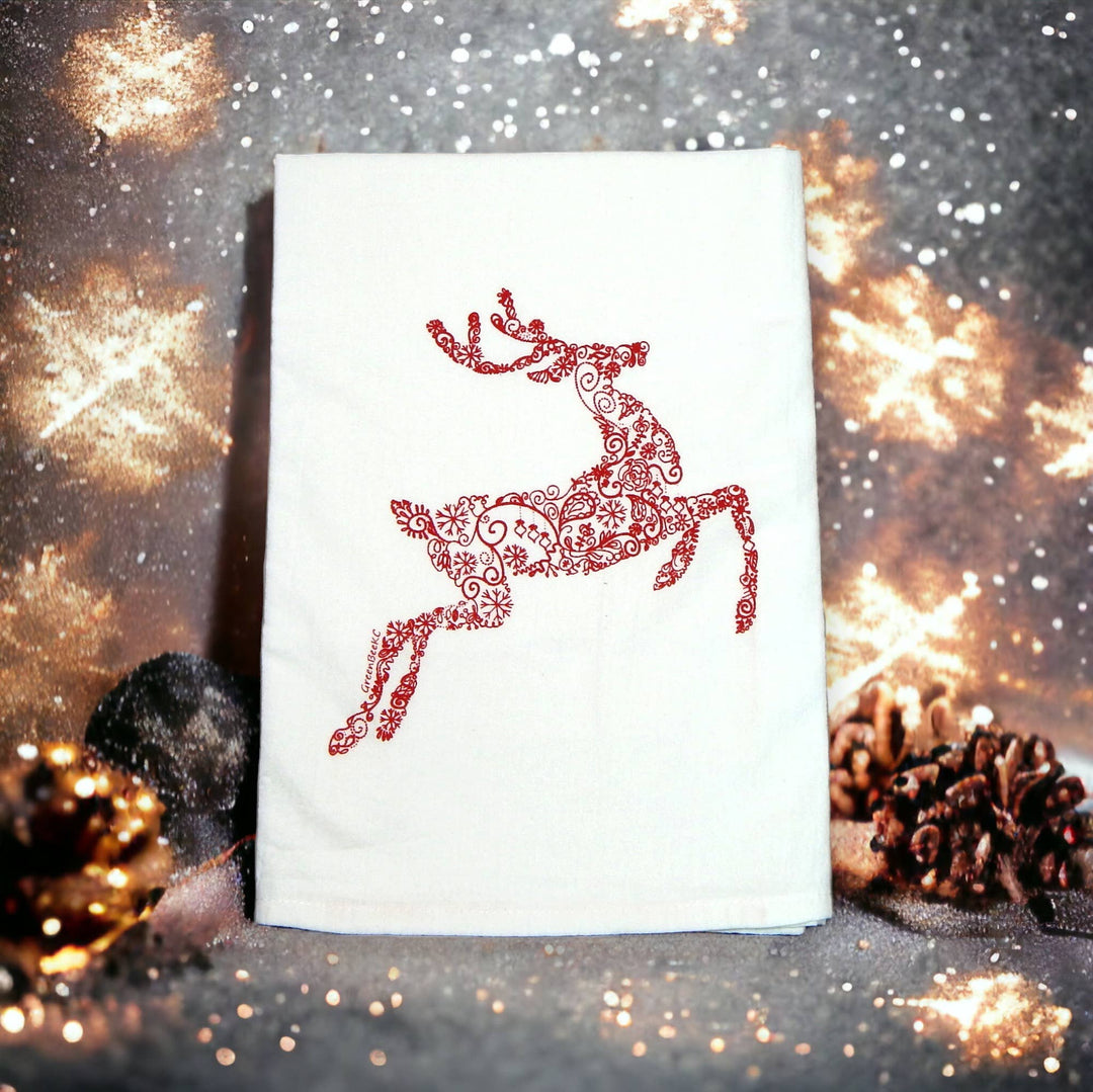 Reindeer Holiday Christmas Flour Sack Tea Towel: Red