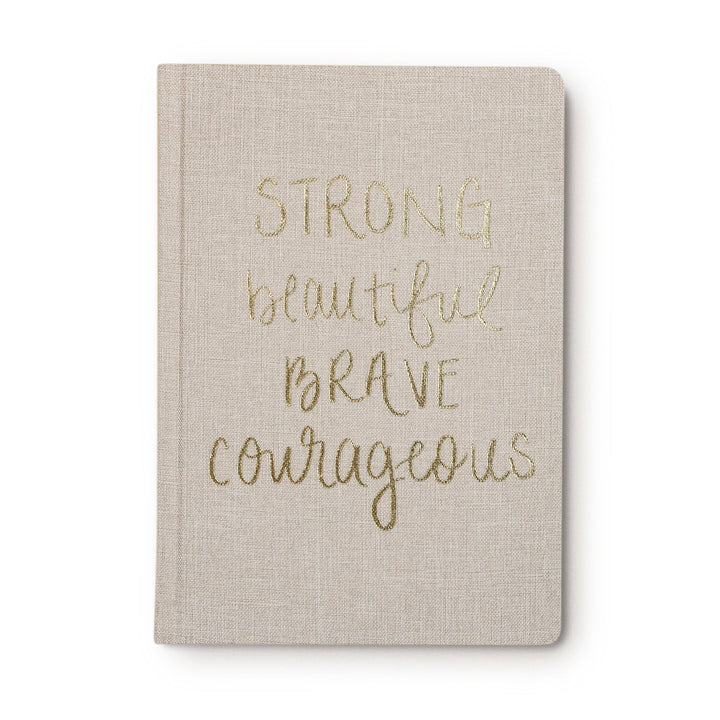 Write down all of your goals and dreams in this hand lettered Strong Beautiful Brave Courageous, Tan and Gold Fabric Journal! With this chic, easy to write on notebook, there&