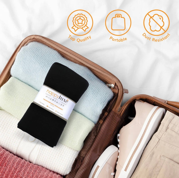 The Wayfarer travel wrap in classic jet black is a fashionable and versatile wrap and travel blanket, also can be used as a scarf, cover-up, pashmina, and so much more. This wrap is made from luxurious eco-friendly Tencel fiber material, a plant-based textile and cellulose fiber that is made from sustainably harvested beech trees, is absorbent and breathable, and is resistant to fading, pilling, and wear. This amazing fabric is machine washable. 68 x 35 inches. Made in the U.S.A.