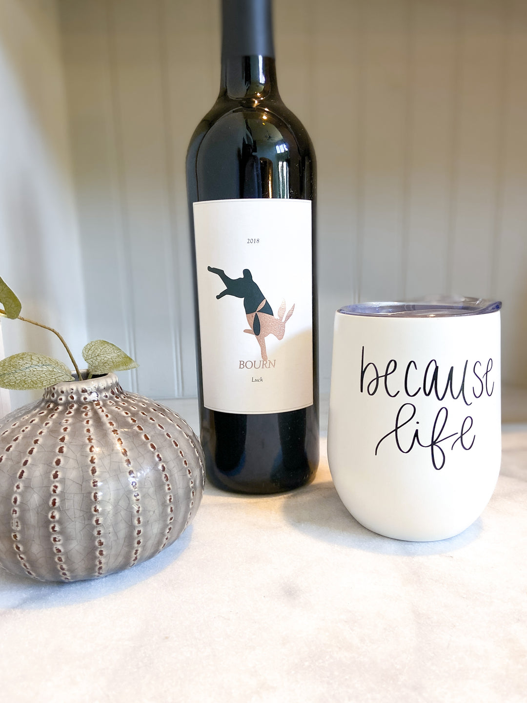 Because Life - Black and White Metal Wine Tumbler - 12 oz