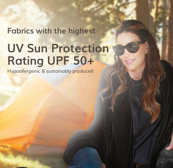 The Wayfarer travel wrap in classic jet black is a fashionable and versatile wrap and travel blanket, also can be used as a scarf, cover-up, pashmina, and so much more. This wrap is made from luxurious eco-friendly Tencel fiber material, a plant-based textile and cellulose fiber that is made from sustainably harvested beech trees, is absorbent and breathable, and is resistant to fading, pilling, and wear. This amazing fabric is machine washable. 68 x 35 inches. Made in the U.S.A.