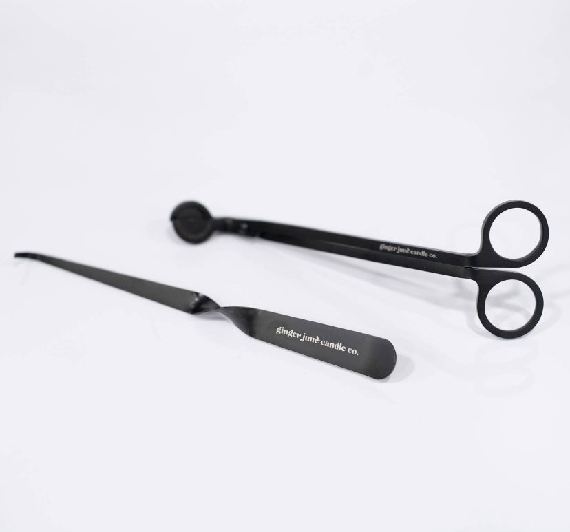 This candle maintenance set contains:       - 1 black wick trimmer, for keeping candle wicks cut short; promoting safety, prolonging the life of candles &amp; greatly reducing smoke during burning       - 1 black wick dipper for extinguishing candles with no smoke