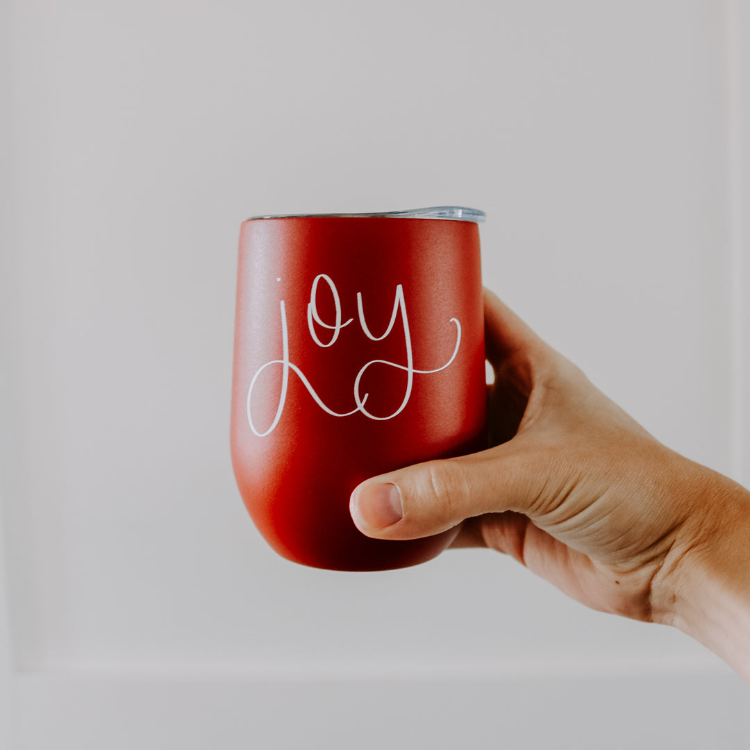 Joy - Hand Lettered Red Metal Wine Tumbler - 12 oz