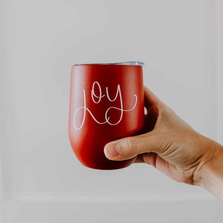 Joy - Hand Lettered Red Metal Wine Tumbler - 12 oz