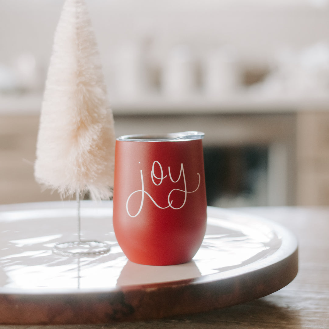 Joy - Hand Lettered Red Metal Wine Tumbler - 12 oz