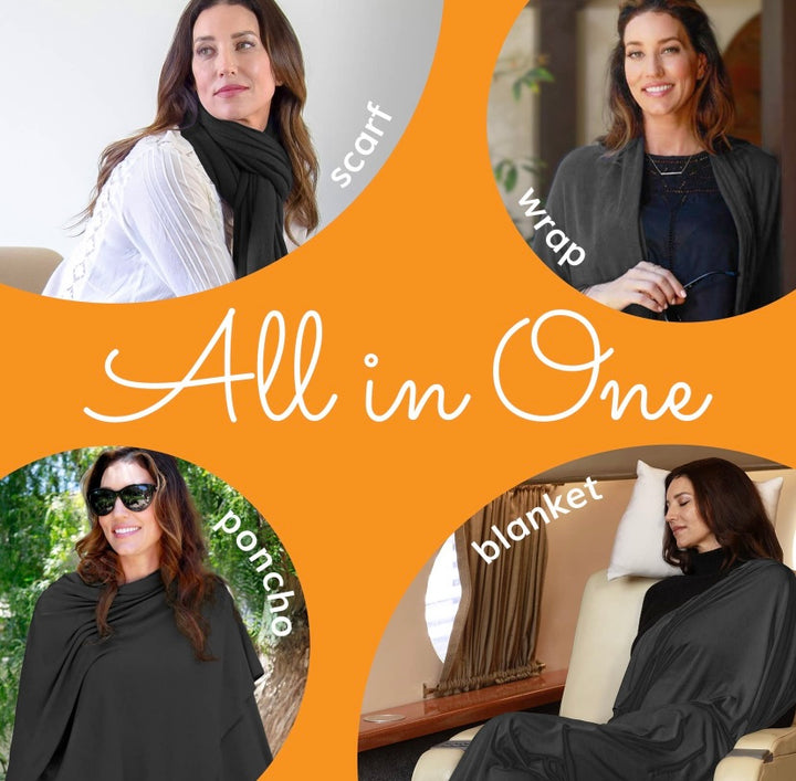 The Wayfarer travel wrap in classic jet black is a fashionable and versatile wrap and travel blanket, also can be used as a scarf, cover-up, pashmina, and so much more. This wrap is made from luxurious eco-friendly Tencel fiber material, a plant-based textile and cellulose fiber that is made from sustainably harvested beech trees, is absorbent and breathable, and is resistant to fading, pilling, and wear. This amazing fabric is machine washable. 68 x 35 inches. Made in the U.S.A.